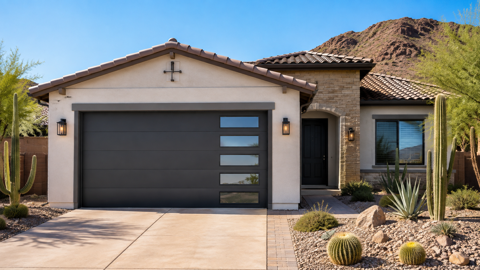 Arizona home with a new upgraded insulated steel garage door replacing a builder-grade door